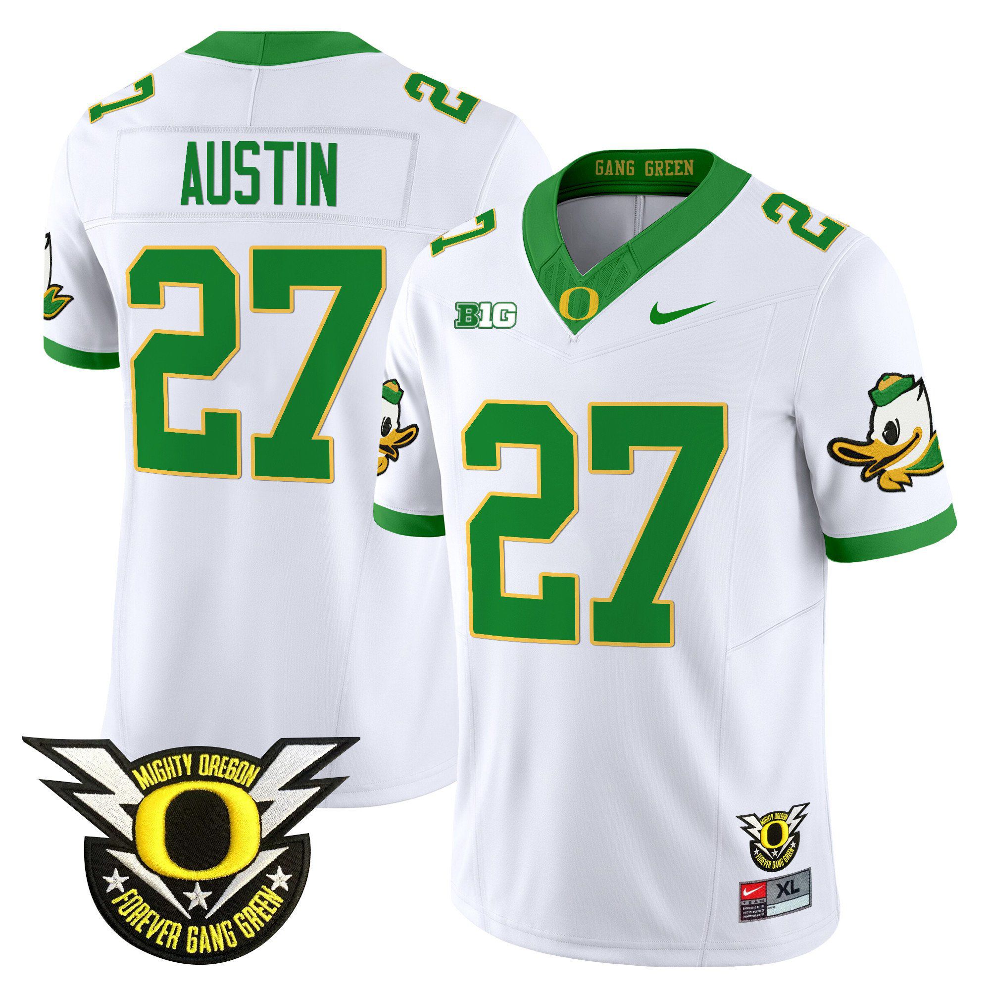 Men Oregon Ducks #27 Austin White 2024 Nike Forever Gang Green & BIG Patch Vapor Limited NCAA Jersey